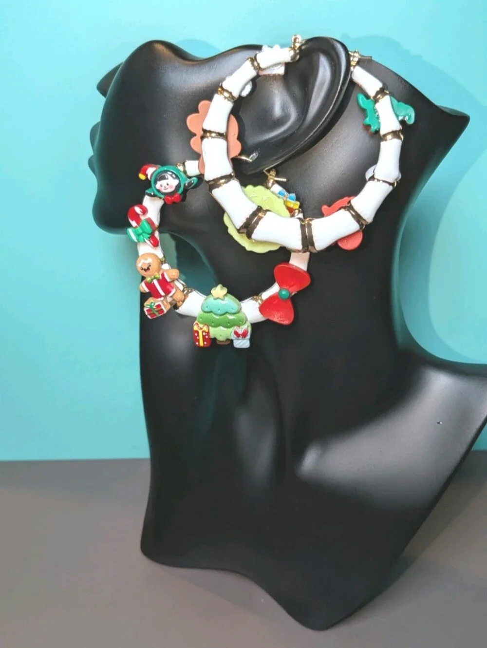 Hand Crafted Christmas Charm Medium Hoop Earrings in Red, Green, White & Gold